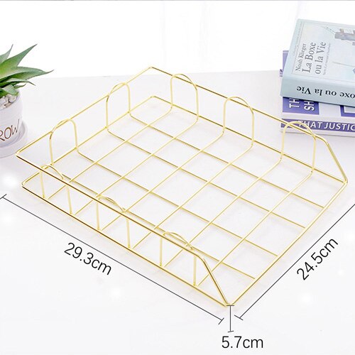 Rose Gold Desktop Storage Box Desk Magazine Rack with Pen Holder, Handmade Metal File Office Organizer Paper Tray Drawer Stor: A gold