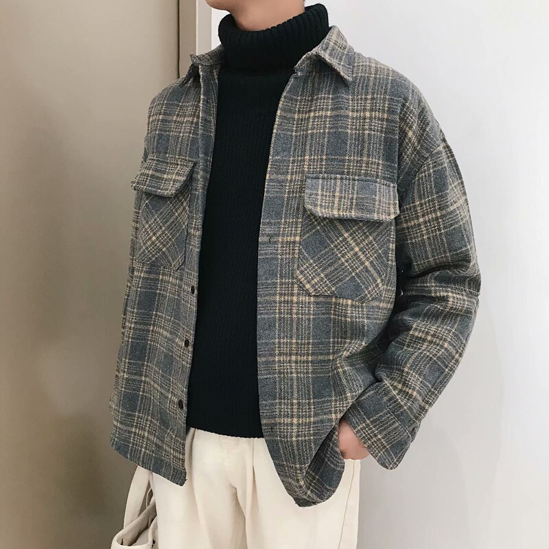 spring and autumn long-sleeved shirt male loose Korean casual couple tide brand woolen plaid shirt jacket