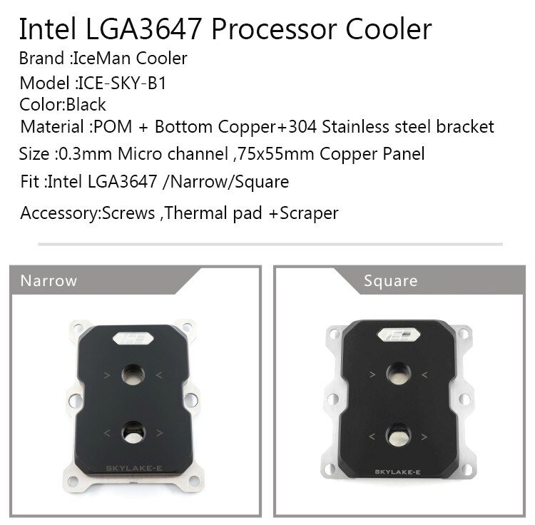 IceMan Cooler Intel LGA3647 Processor CPU Water Block ,Narrow CPU Cooler Sqare POM Edition