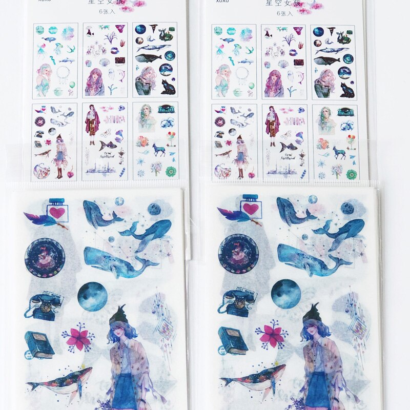 6 Sheet /Pack Starry Sky Girls Paper Stickers DIY Decorative Sealing Paste Stick Label