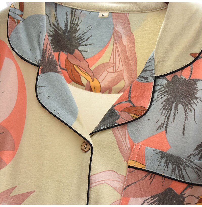 Lente/zomer katoenen dames pyjamaset met korte mouwen en korte broek, dames pyjamaset met grote bloemenprint, thuisservice