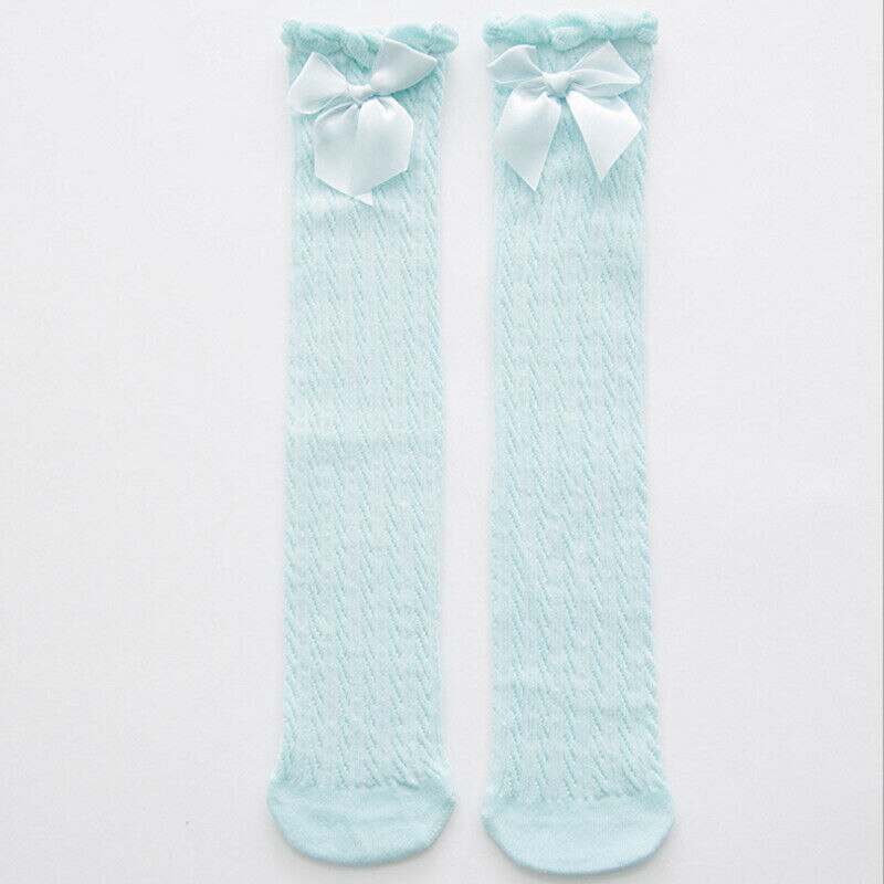 Kids Baby Girls Knee High Stocking Summer Breathable Mesh Cotton Stocking Tights Kids Bow Princess Long Stockings: Blue / Length 28cm
