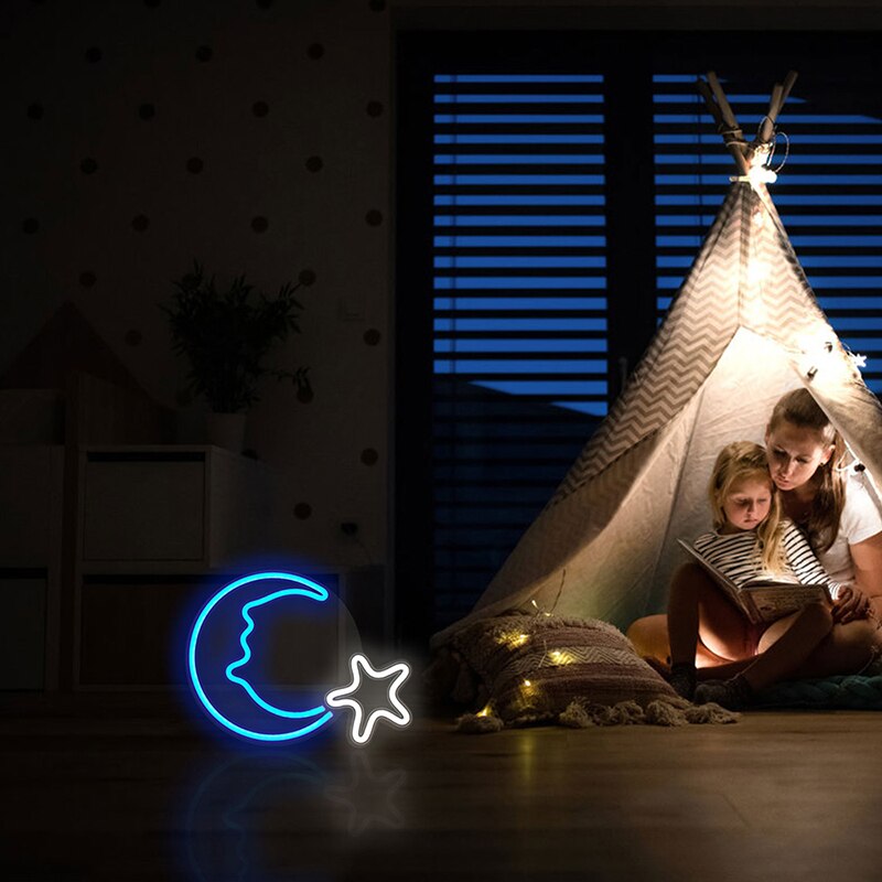 Wanxing Decorative Moon Star Neon Signs Blue Neon Light Sign Wall Art Decor for Kids Bedroom Home Decoration Birthday Party Xmas