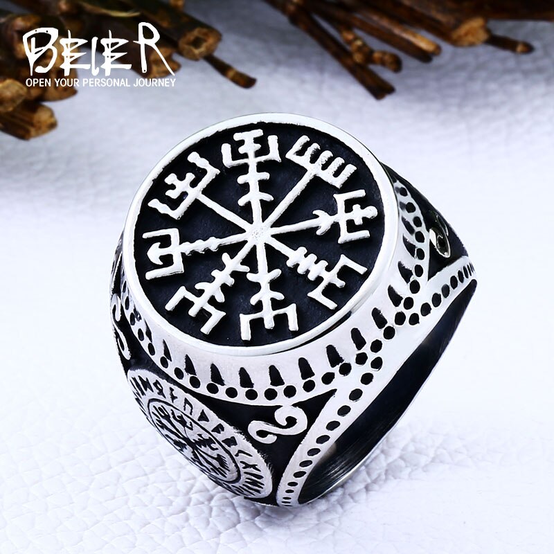 Beier 316l rustfrit stål mænd nordisk hedensk triskele helm of awe aegishjalmur futhark viking magisk stav rune amulet ring  lr549