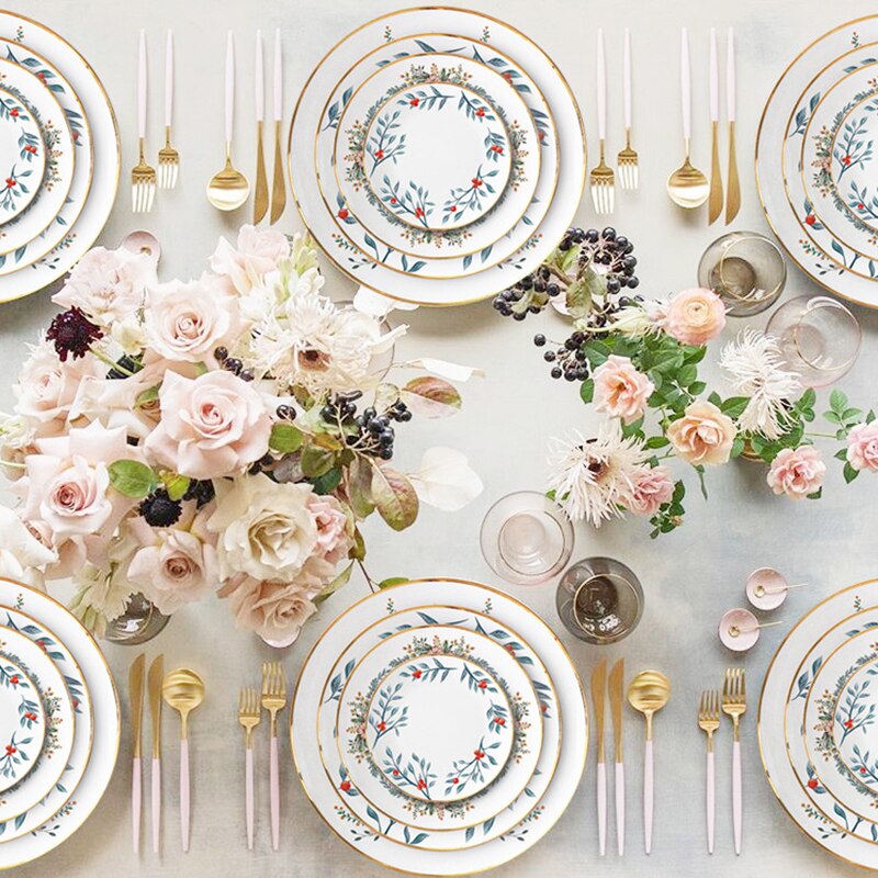 Leaf Print Bone China Dinner Plate For Wedding Home Dishes and Plates Steak Deesert Round Plate Year Annual Decoration Plate