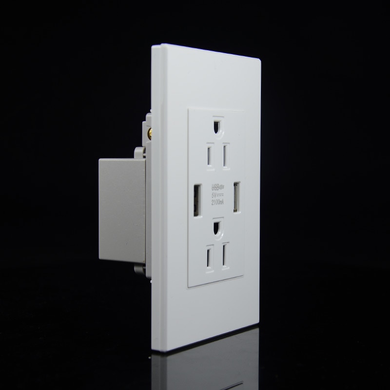 118mm white American USA Standard Double 3-pole Socket With 2USB Ports 2.1A PC Flame Retardant Household Safety Power Plug 15A