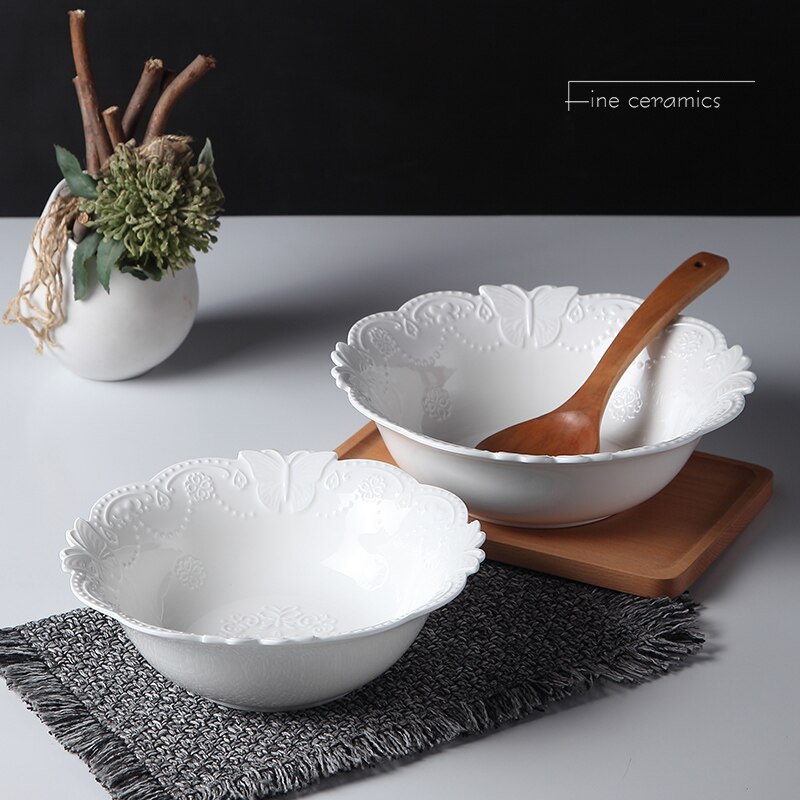 9inch, white embossed porcelain soup dinner serving bowl. ceramic mixing bowls for baking, butterfly , kitchen cooking