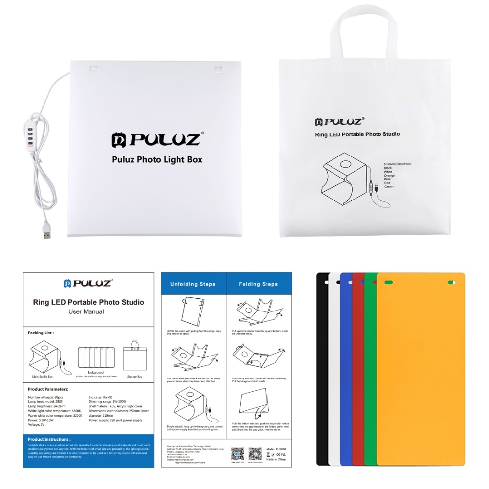 PULUZ 31x31cm USB Portable Light Box Adjustable Bright Round LED Lightbox &amp; 6 Backgrounds Mini Studio Fotografico Caja De Luz: 31x31cm