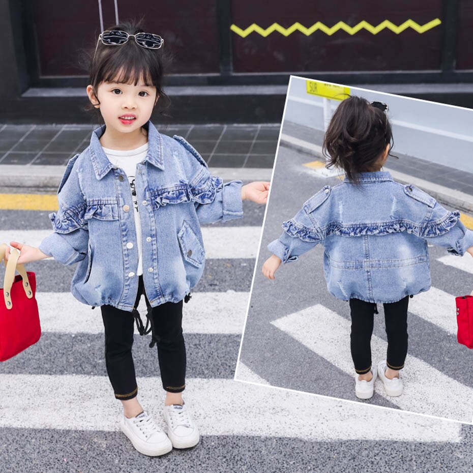 Meisjes Jas Ruches Meisje Denim Jacekt Jas Kinderen Lente Herfst Jas Kinderen Casual Stijl Baby Meisje Kleding