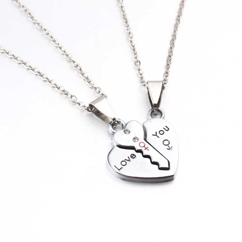 2Pcs Bohemia Sliver Color Key Pendant Necklaces For Womens Lover Couple Jewelry Broken Heart Necklace Valentine N777