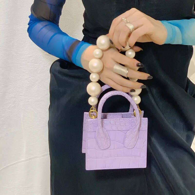 Handbag Women's Leather Mini Small Square Tote Bag Pearl Chain Messenger Bag Clutch Bag Casual Wallet Handbag Handbag: F