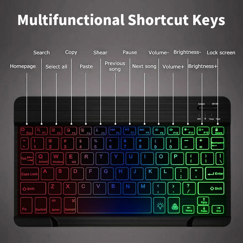 Bluetooth-Tastatur, kabellos, 7-farbige Tastatur mit Hintergrundbeleuchtung für Tablette, Laptop, wiederaufladbar, Arabisch, Russisch, Spanisch, Portugiesisch