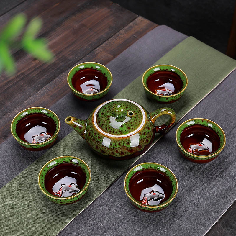 7 st teservisar utsökt celadon -teset inkluderar 6 koppar 1 tepott, jingdezhen -märke utsökt uppsättning kung fu -kopp unikt: A