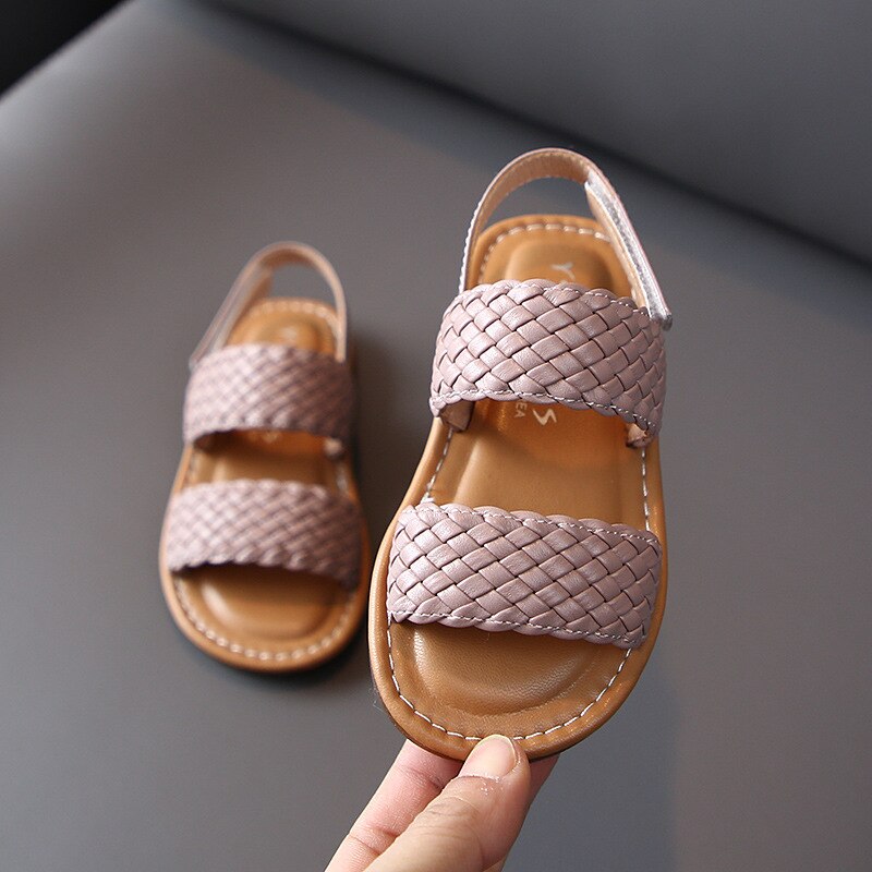 Tissage de sandales pour enfants | Chaussures d'été, solides et douces, 14-19cm, blanc marron, pour bébés filles de 0-6 ans
