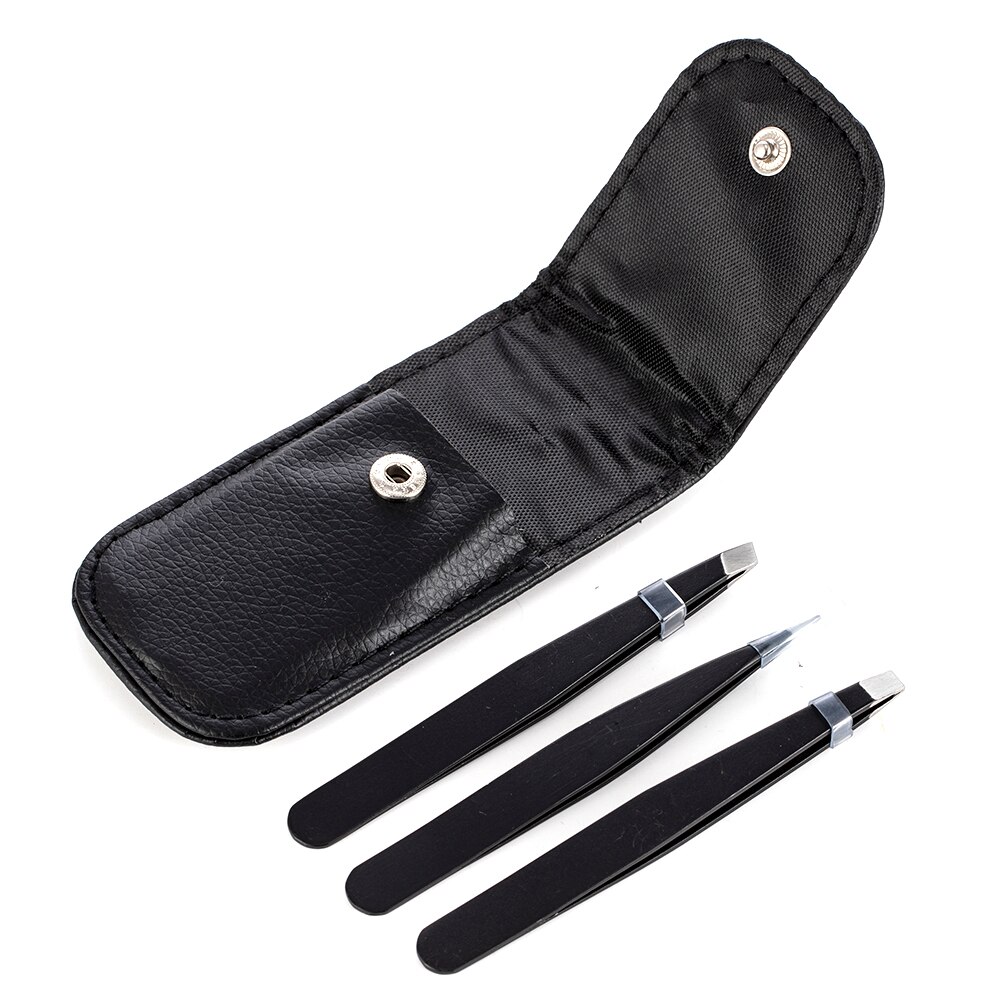 3 PCS Tip Flat Eyebrow Tweezers Stainless Steel Point Tip Slant Hair Removal Beauty Makeup Tools Accessory With Black Bag Case: NC881