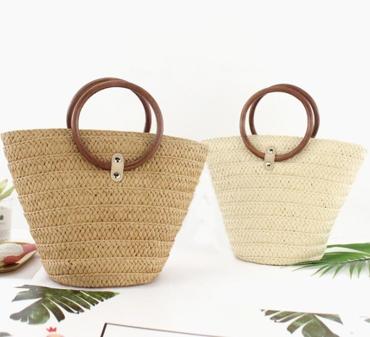 Summer Beach Straw Bag Drawstring Tote Handbags With Wood Handle Korean Summer Straw Bag