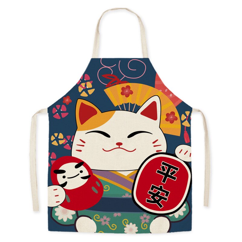 Japanese Karikatur Glücklich Katze Dekoration ärmellos Schürze Baumwolle Leinen- Küche Schürzen Frauen Heimat Kochen Backen Taille Lätzchen Schürze