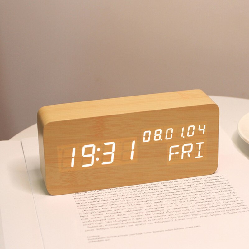 Wooden Snooze Table Digital Clock Bedroom Desk Electronic Clock with Date/Time/Week/Temperature Display Rectangle White Light
