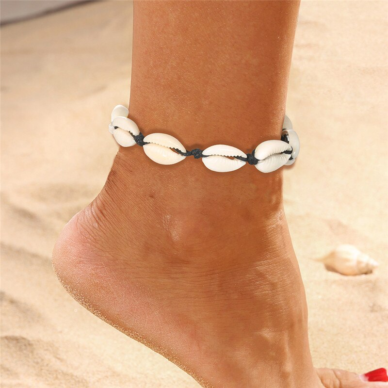 Bohemian Shell Anklets for Women Handmade Leather Woven Natural Shell Foot Jewelry Summer Beach Barefoot Bracelet ankle on Leg