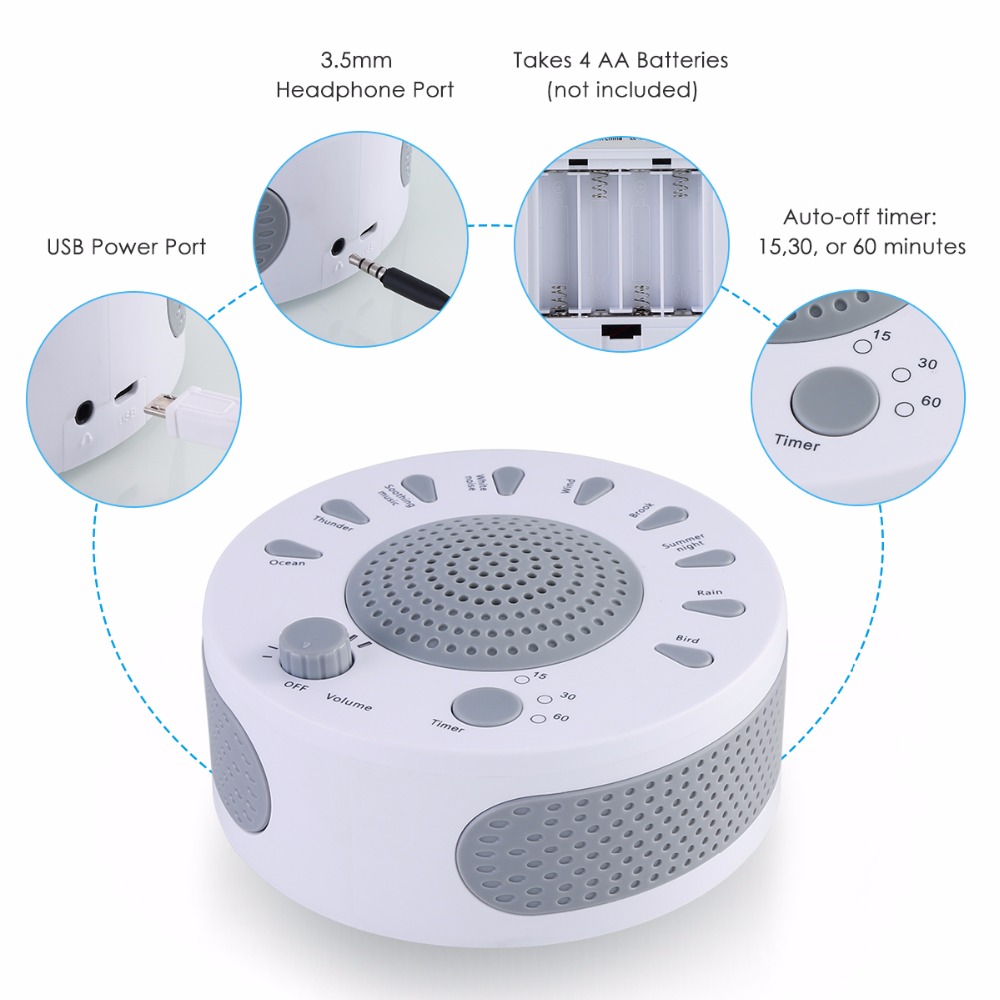 Babysömnappar ljudmaskin vitt brus spela in röstsensor med 9 lugnande ljud 3- växlar timerinställning för lätt sovande