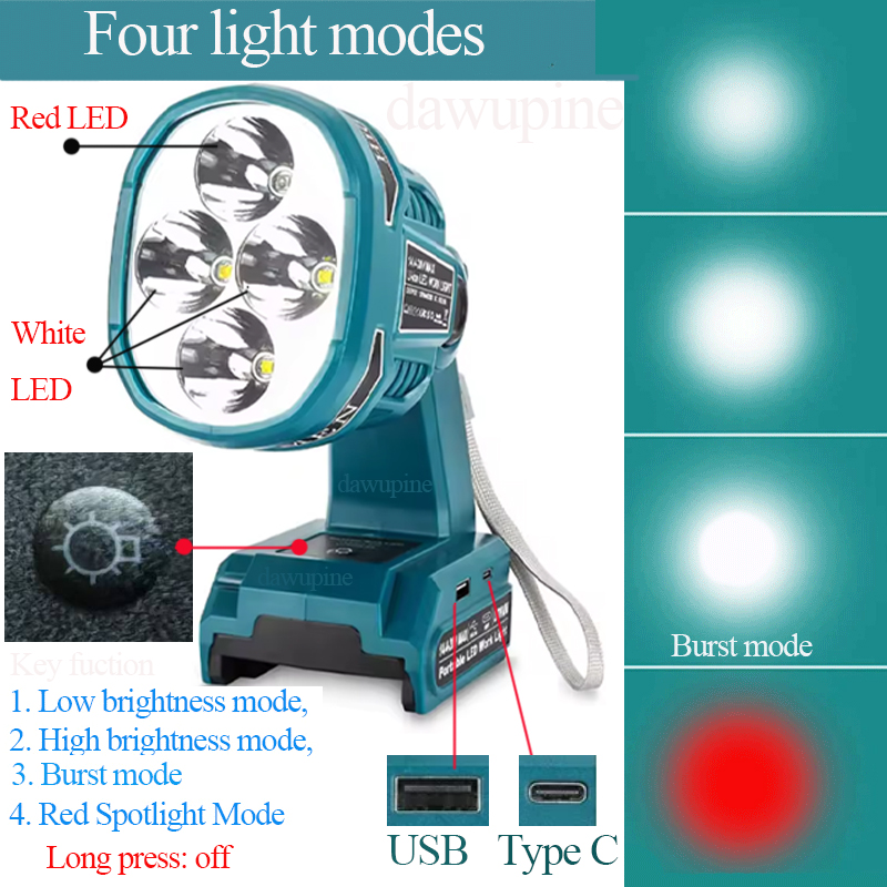 Bærbar udendørs foldbar lommelygte led-belysning nødlampe natarbejde spotlight lommelygte til makita 18v li-ion-batteri  bl1830