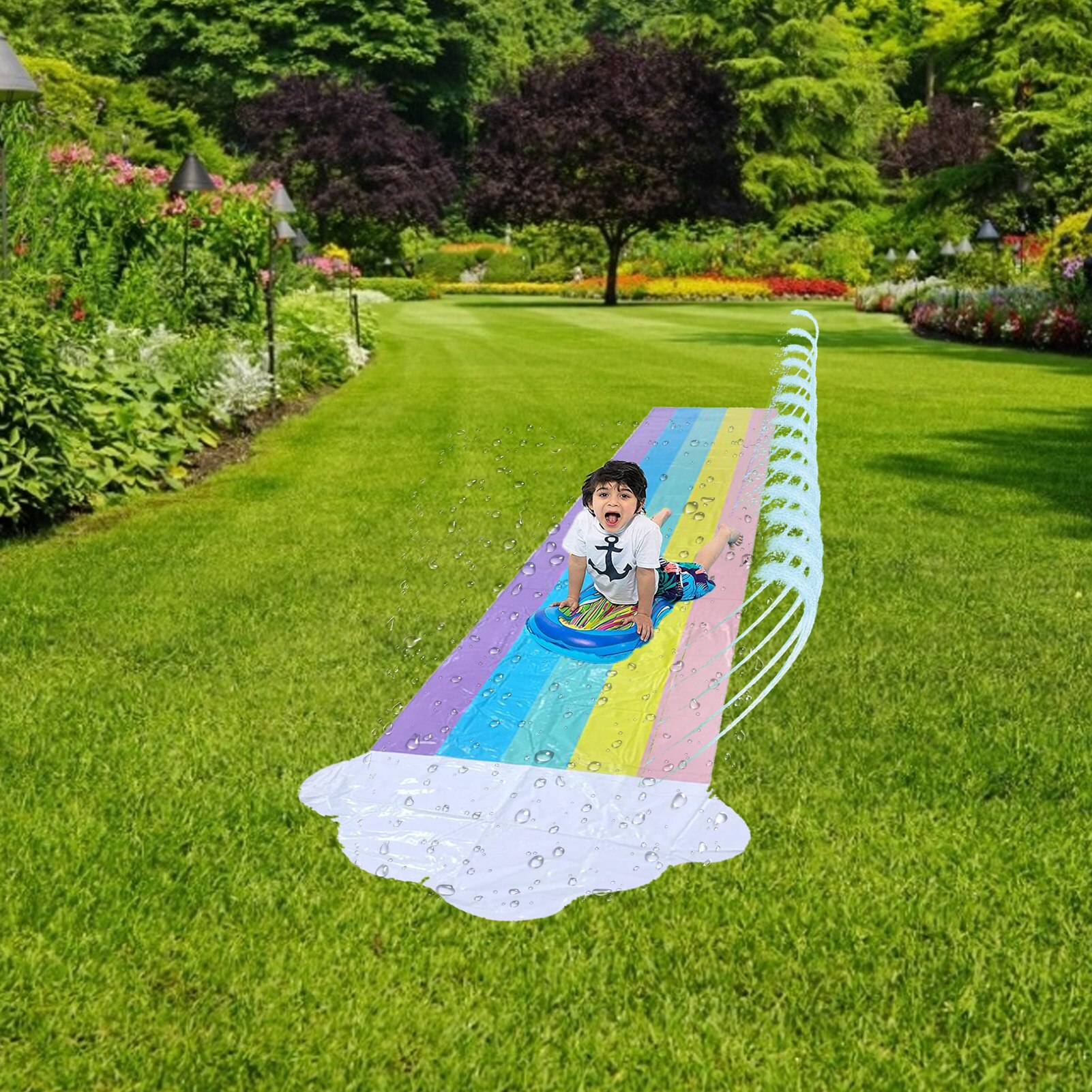 Tobogán de agua de PVC para exteriores, juguete de chico con espray de agua para césped, para niños