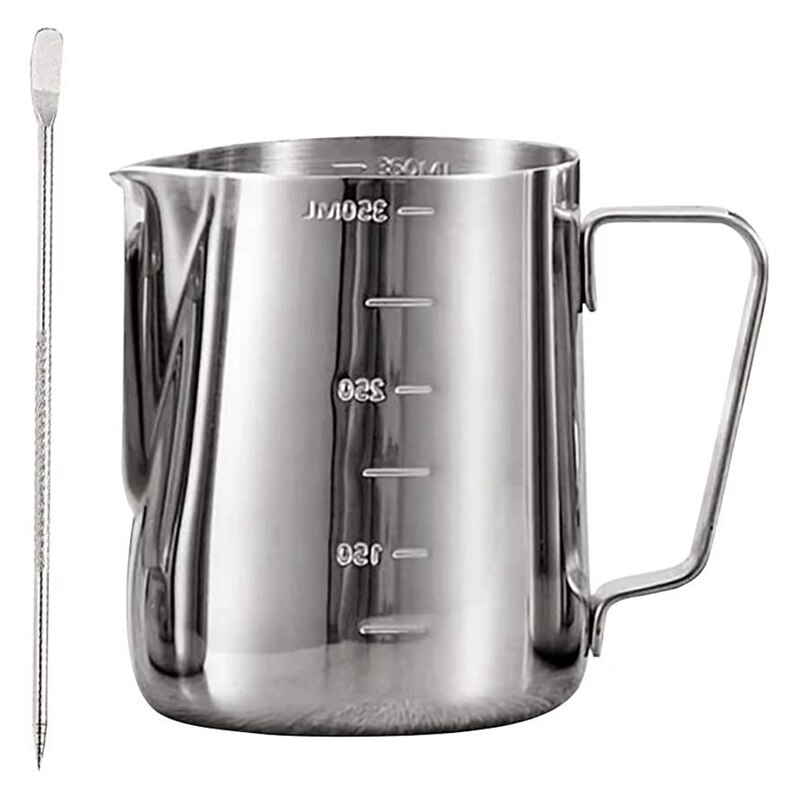 Stainless Steel Milk Frothing Pitcher, Measurements on Both Sides Inside, Milk Jug Cup with Decorating Pen