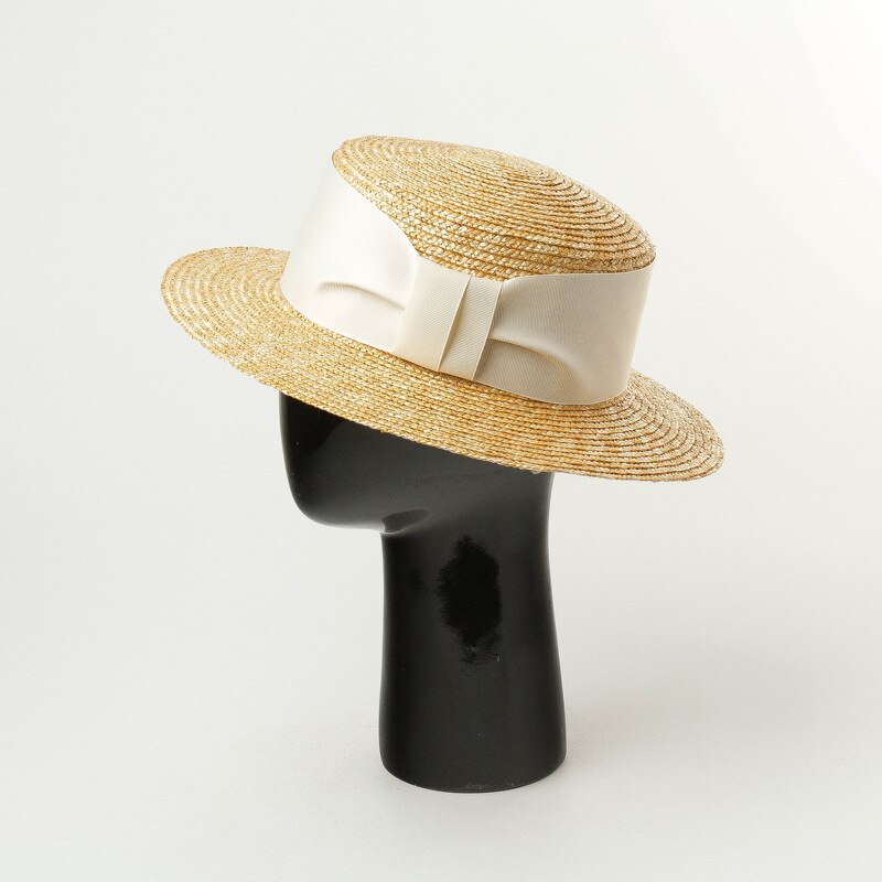 100% Wheat Straw Timeless Grosgrain Ribbon Decorated Canotier Boater Flat Top Sun Hat