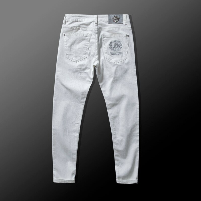 Men&#39;s White Slim Jeans Advanced Stretch Embroidery Decoration Denim Trousers Male Brand Pants 38: 31