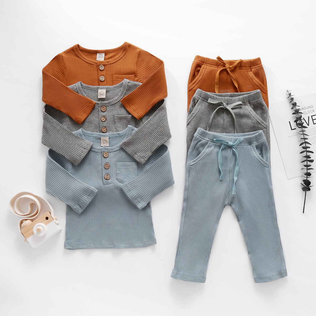 0-5Y Casual Toddler Baby Boy Girl Autumn Clothes Solid Color Pocket Long Sleeve Top T-shirt Long Pants Knited Kids 2pcs