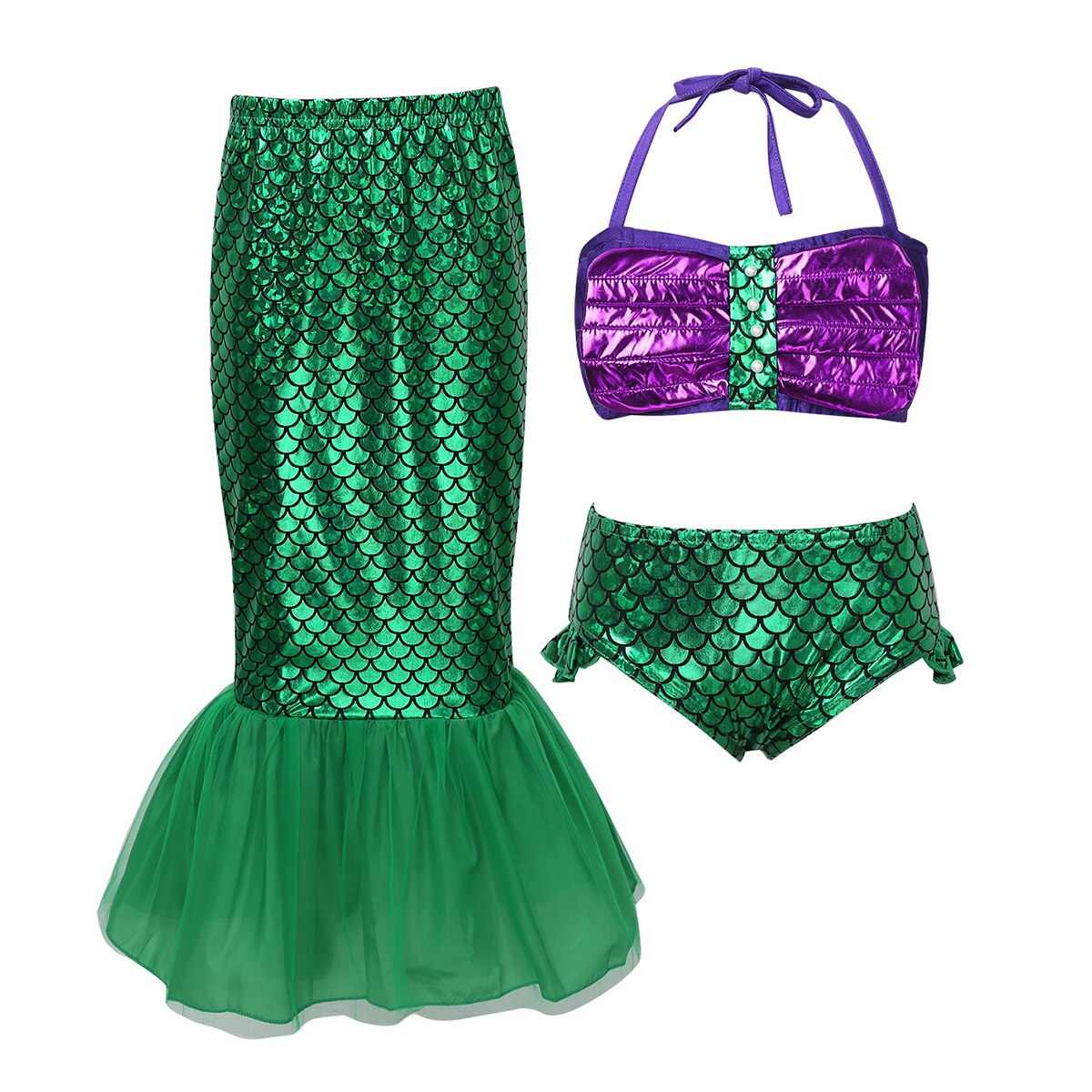 3 uds niños niñas sirena traje de baño con parte superior Halter con falda de cola de pez Bikini, bañador para la playa traje de baño: 110