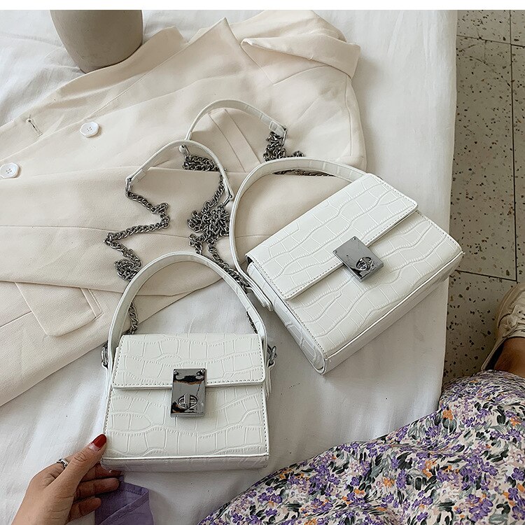 carré femmes sacs à bandoulière sacs à main de créateur chaînes de luxe alligator sac à bandoulière dame petit rabat sac à main femme sac: White / L