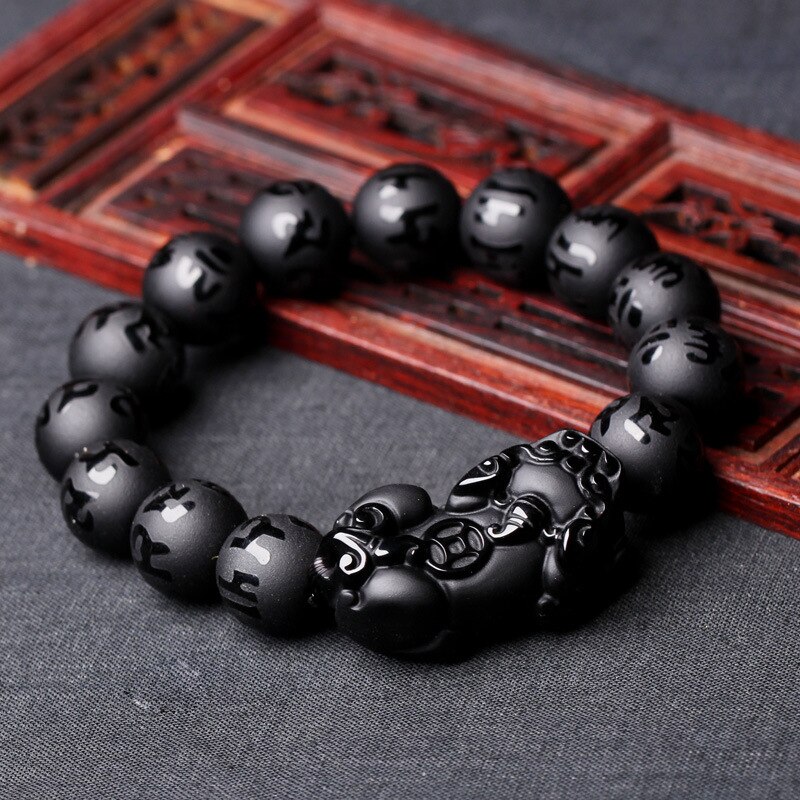 Natuurlijke Zwarte Obsidiaan Matte Bixie Kralen Armband Dappere Troepen Zes-woord Mantra Bead Bangle DIY Armbanden Voor Mannen Vrouwen sieraden