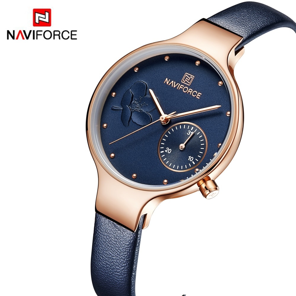 Naviforce Vrouwen Mode Blue Quartz Horloge Lady Lederen Horlogeband Casual Waterdicht Horloge Voor Vrouw