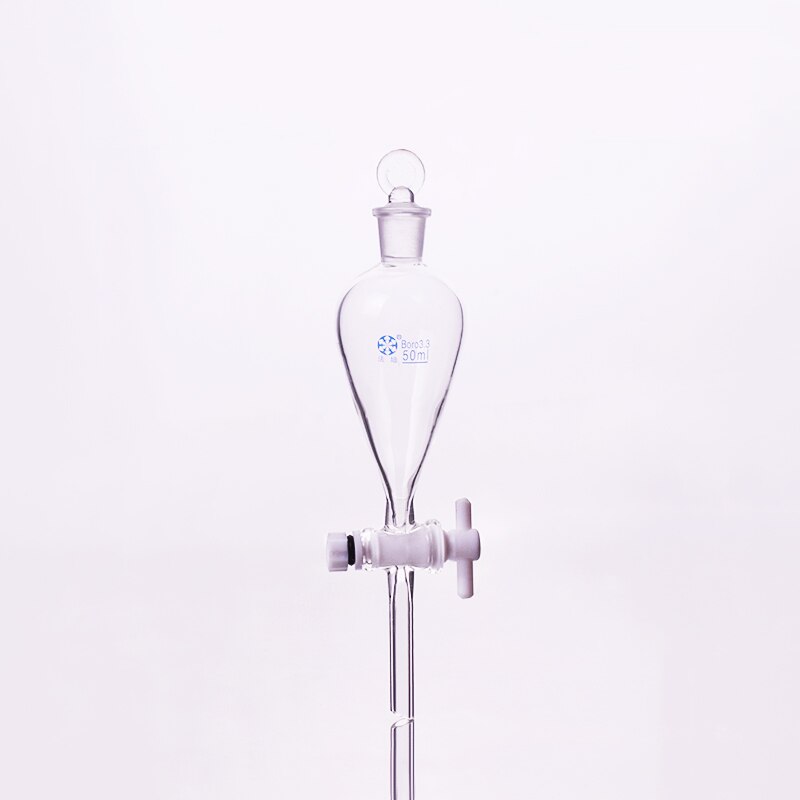 Separatory funnel pear shape,with ground-in glass stopper and stopcock.Capacity 50ml,PTFE switch valve