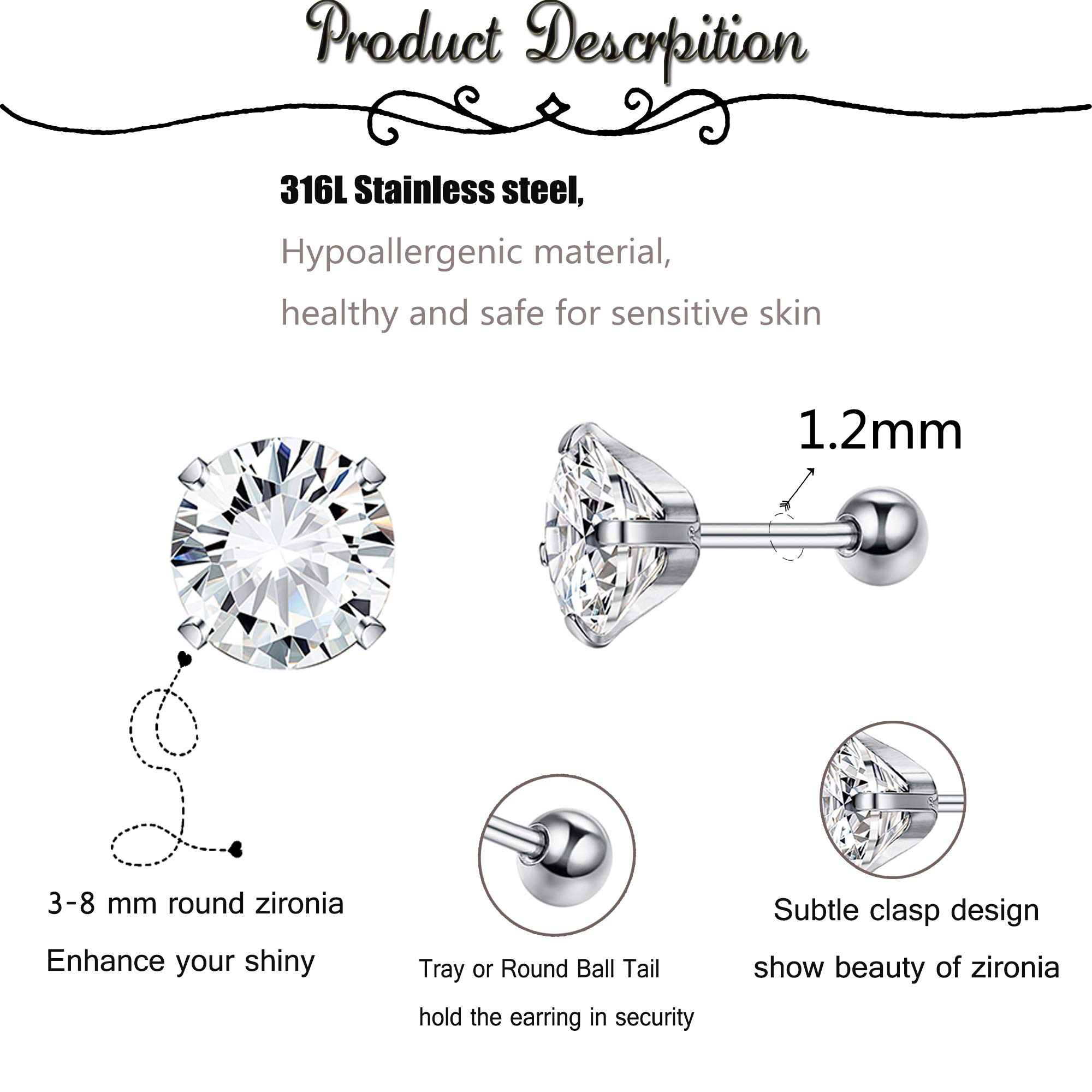 Wkoud 16G 1 Paar Rvs Screwback Kraakbeen Stud Oorbellen Voor Mannen Vrouwen Plaksteen Tragus Helix Oor Stud Piercing set
