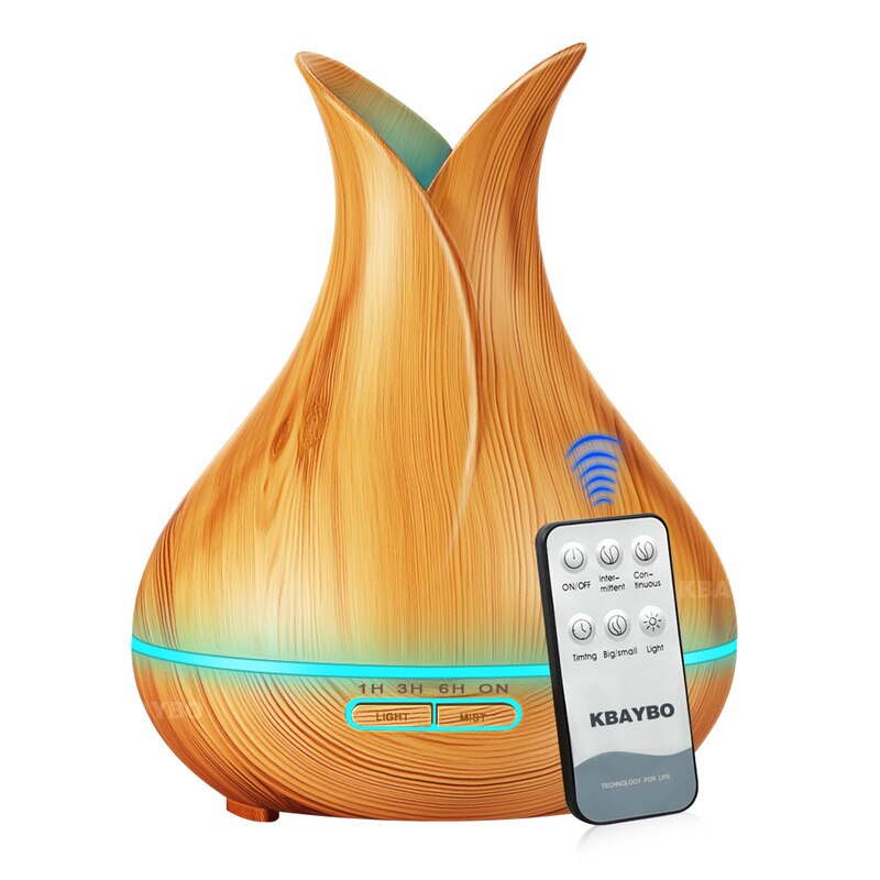 KBAYBO 400ml Aroma Essential Oil Diffuser Ultrasonic Air Humidifier with Wood Grain 7 Color Changing LED Lights for Office Home: Light Wood / EU