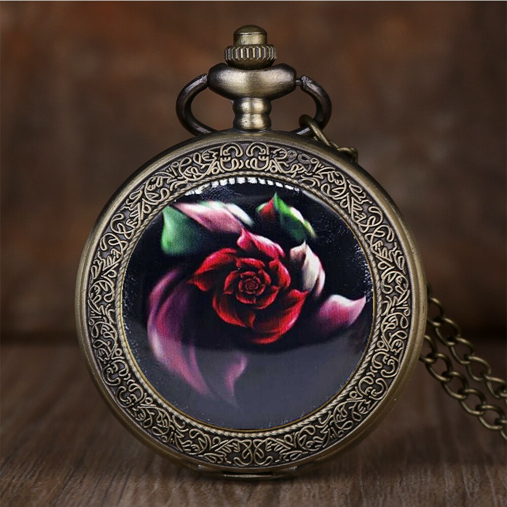 Delicate Rode Rose Quartz Zakhorloge Bloemen Fob Horloge Met Ketting Steampunk Klok Best Voor Mannen Vrouwen Hanger Ketting