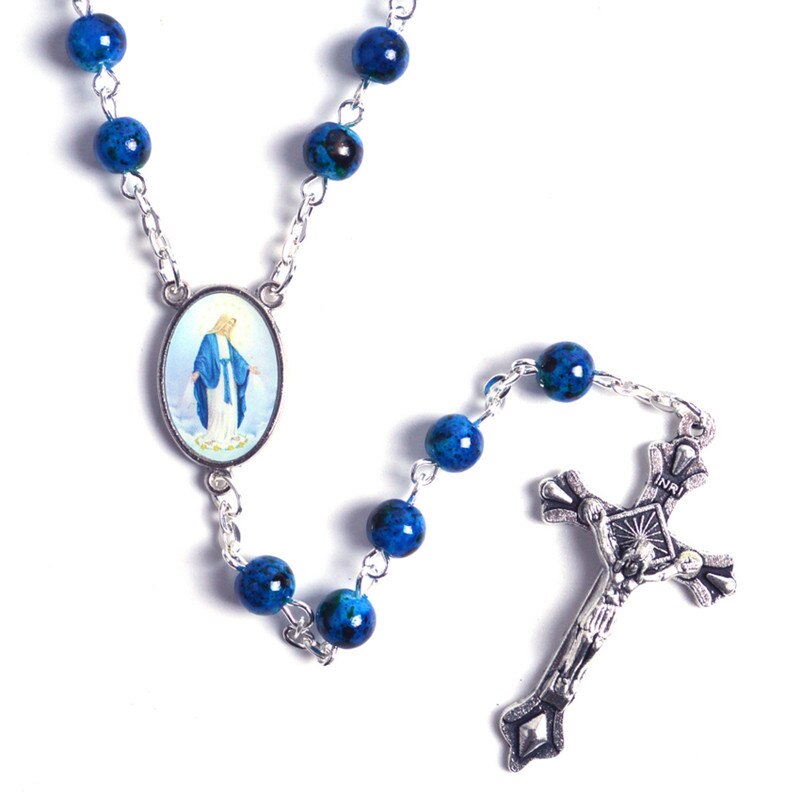 5 stili moda cattolica vergine maria gesù piccola dimensione rotonda perla accessori gioielli catena croce pendente rosario perline collana: Style 4-dark blue