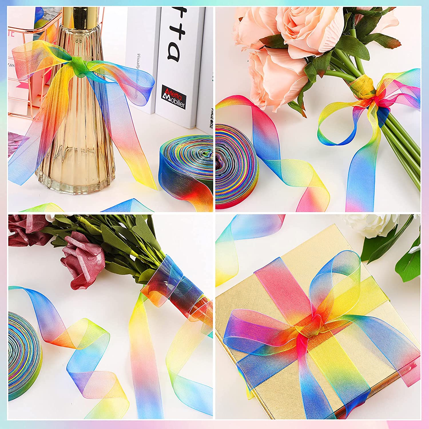 5 jaardia/rulla 16 19 25 38 50 75mm sateenkaari organza nauha sifonkinauhat hääjuhliin joulukoristeen kääre