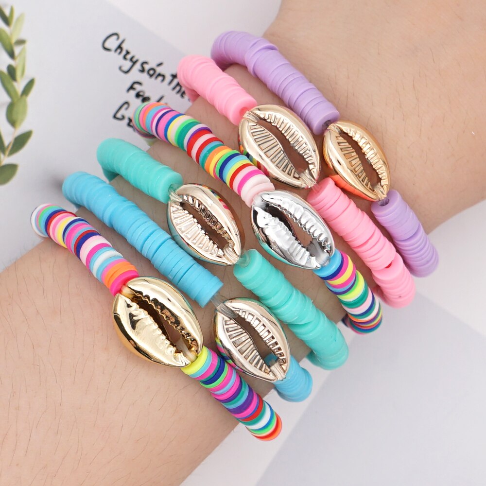 GO2BOHO Polymer Clay Bracelet Women Jewelry Cowrie Shell Summer Beach Heishi Disc Beads Bracelets Handmade Elastic Pulseras