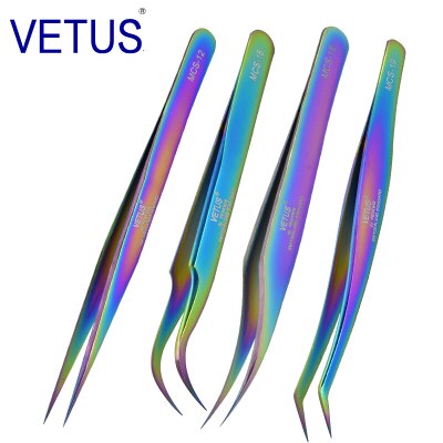 Vetus mcs serie regnbåge skönhet smink pincett fantasy ljus premium pincett för ögonfransförlängning: Full uppsättning 4 st