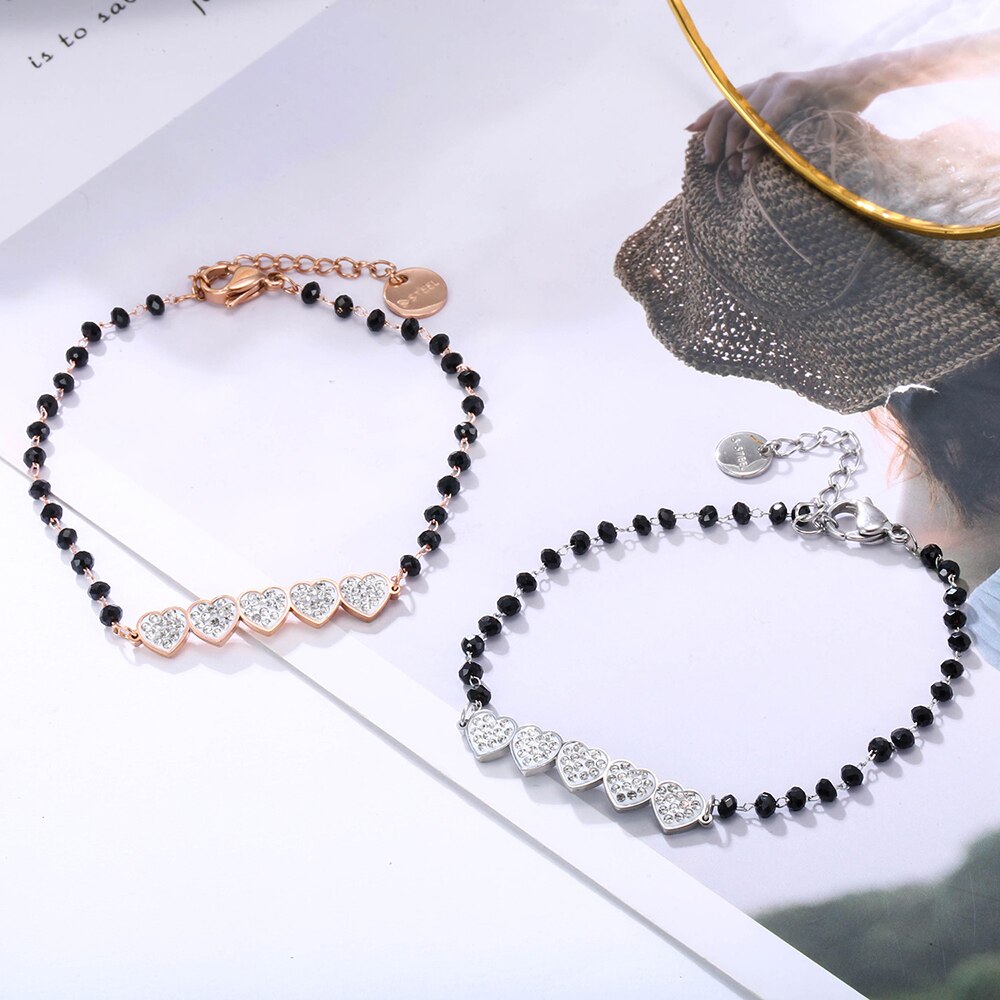 Roestvrij Staal Zwarte Kristal Kralen Armband Voor Vrouwen Rose Gold Hearts Charms Armband Valentines Niet Vervagen Meisjes Sieraden