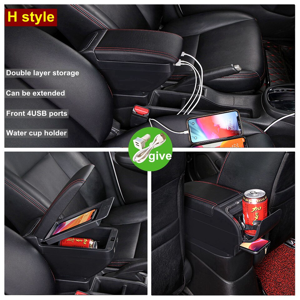 Central Store Content box For Hyundai Accent RB Solaris Double layer USB Interface Armrest box with Cup holder Car mod: H Black Red Have USB