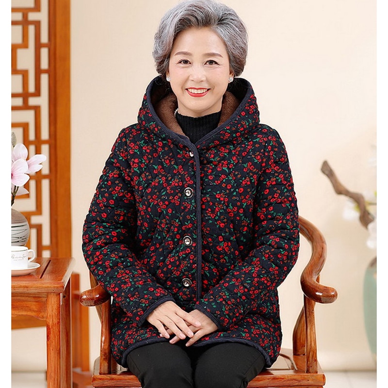 Plus size oudere vrouwen winterjas met capuchon warm plus fluweel dikke katoenen jas oma losse bedrukte winterparka bovenkleding