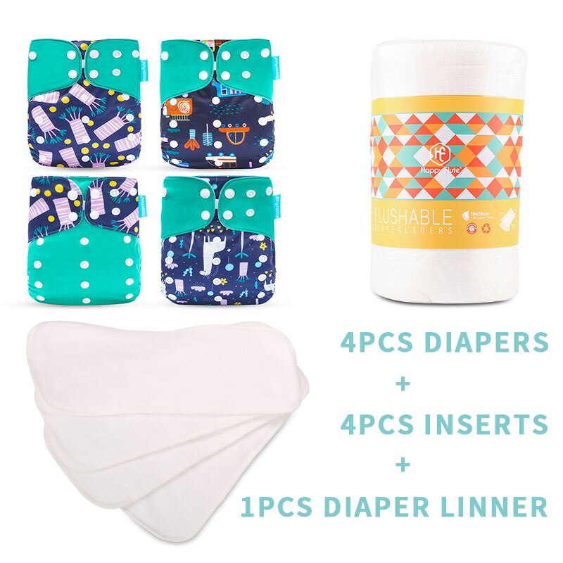 Happyflûte-couche lavable réutilisable, 4 Inserts + 1 couche jetable, taille ajustable, convient aux bébés de 3 à 15KG