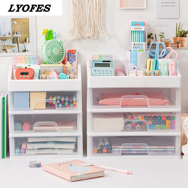 Organizador de escritorio de varios niveles, caja de almacenamiento de escritorio, pegatina gratis, escuela, transparente, accesorios de papelería