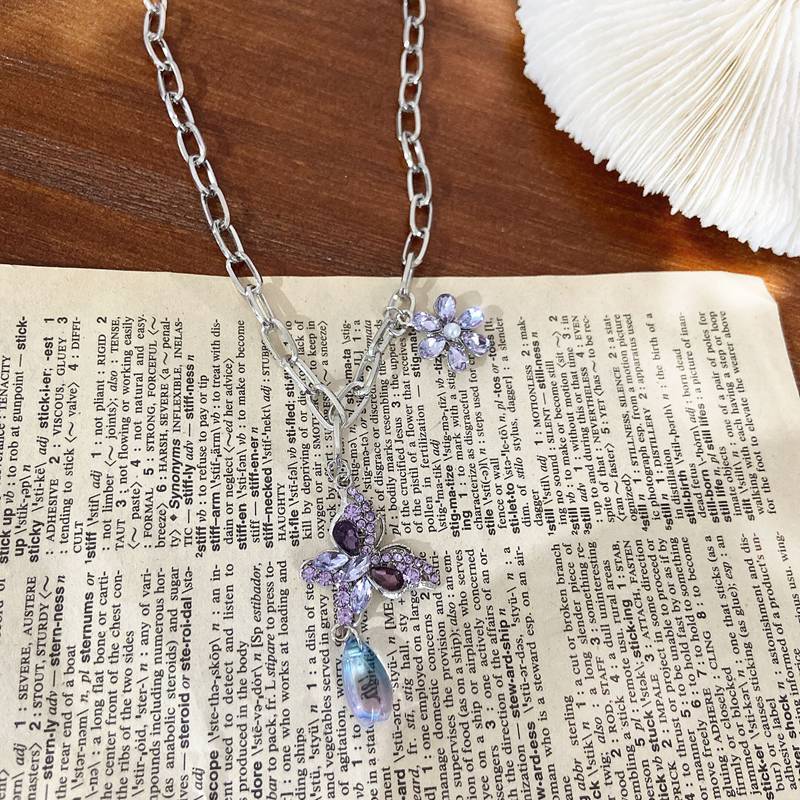MENGJIQIAO Korean Cute Butterfly Crystal Choker Necklace For Women Metal Chain Collares Jewelry Kolye: purple