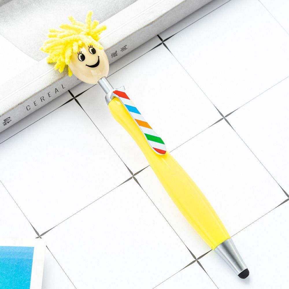 Estantes de cabeza de fregona de pelo de felpa, bolígrafos con pintura, expresión Facial, bolígrafos con forma de muñeca de dibujos animados, cara sonriente colorida: Azul