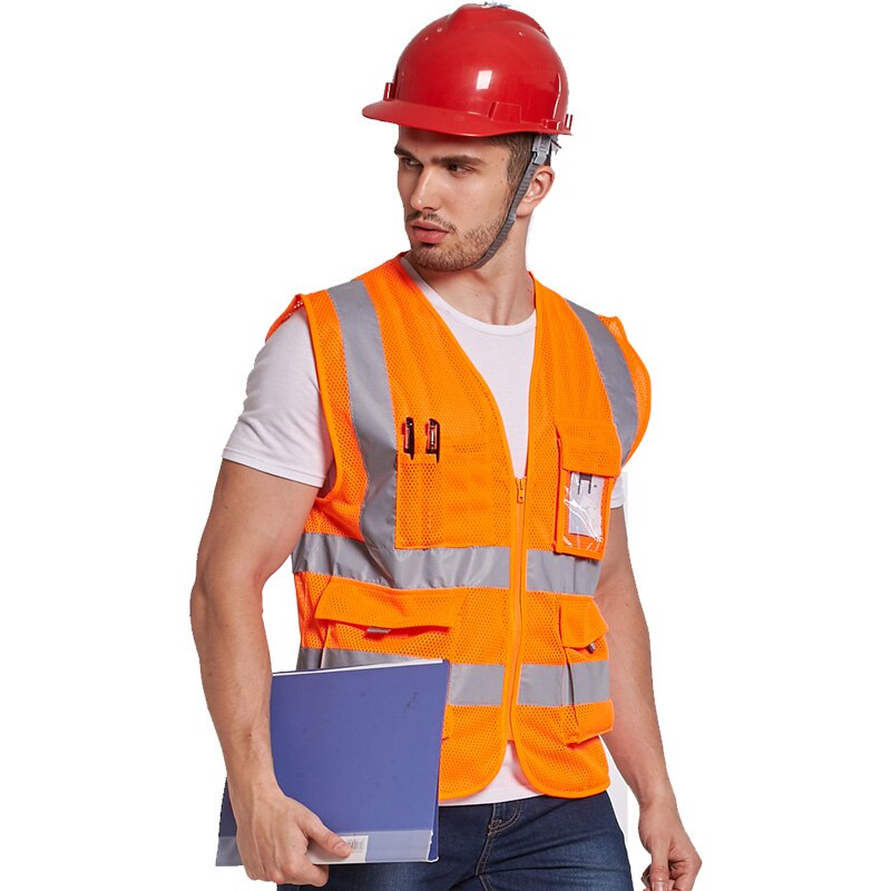 Men Hi Vis Blue Mesh Safety Vest With Reflective Stripes Construction Workwear Working Vest: Orange / M